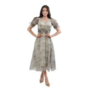 فستان ميدي مشجر بقصة انسيابية وأكمام طويلة أو قصيرة