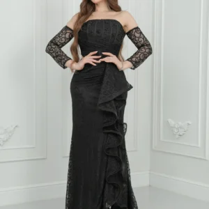 فستان سهرة طويل دانتيل أسود بكسرات وتطريز فاخر