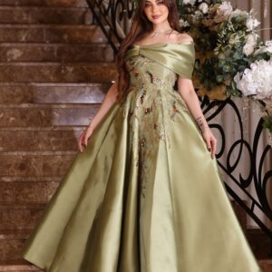فستان سهرة طويل ميكادو بلون زيتوني بتطريز فاخر