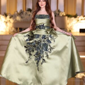 فستان سهرة طويل ميكادو زيتي بتطريز بارز