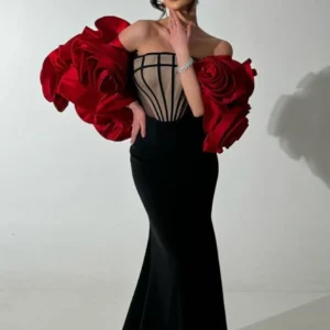 فستان سهره كريب أسود مع جاكيت ورود شانطون